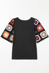 Black Floral Hollowed Crochet Sleeve Boho T Shirt