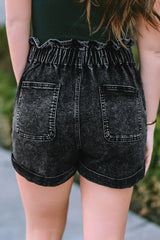 Black Vintage Washed Frilled High Waist Denim Shorts