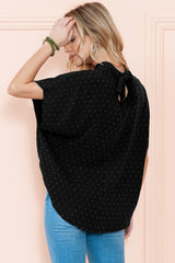 Black Swiss Dot Mock Neck Batwing Sleeve Blouse