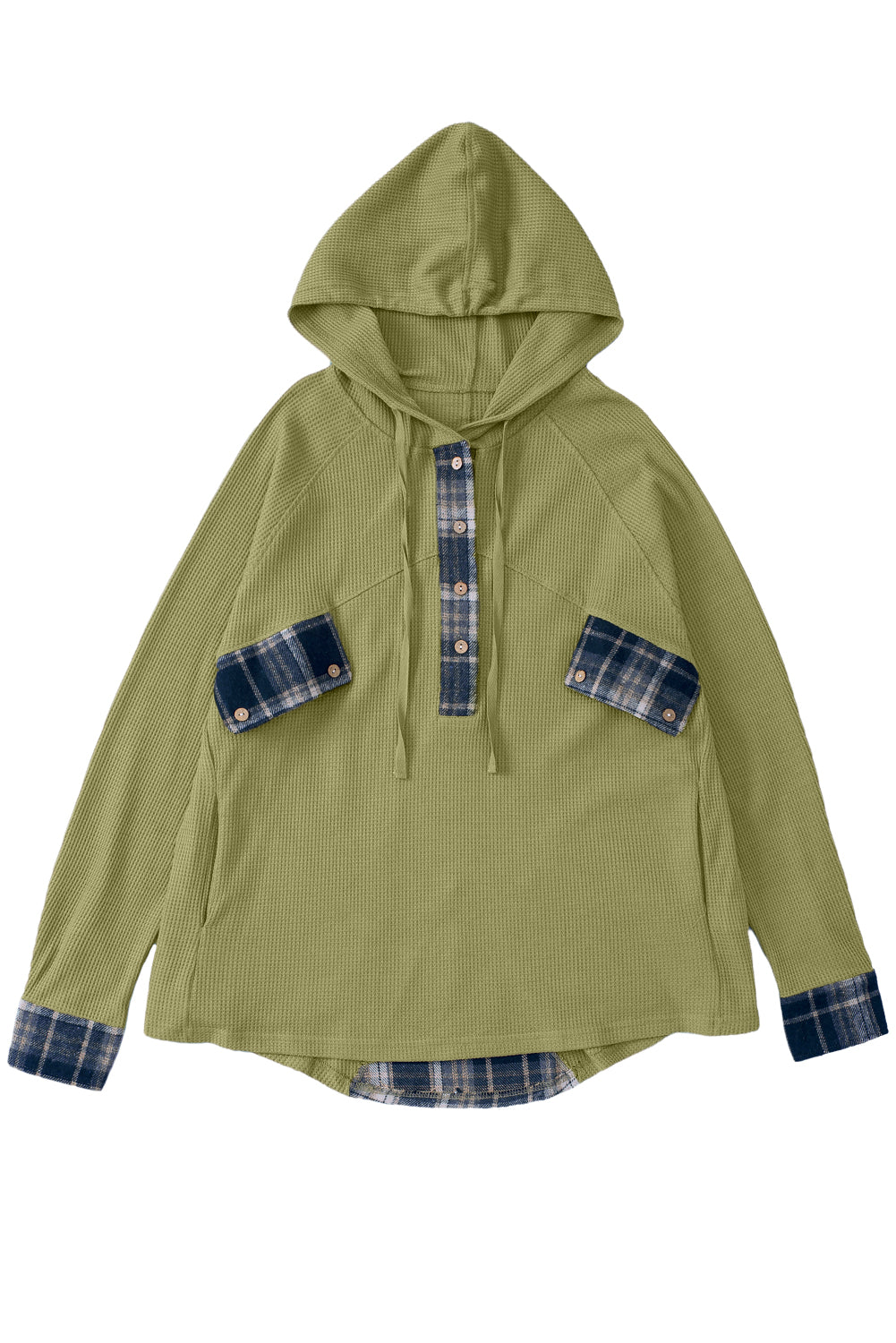 Green Waffle Knit and Flannel Henley Oversized Hoodie