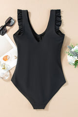 Black Ruched Frill Sleeveless One Piece Swimsuit