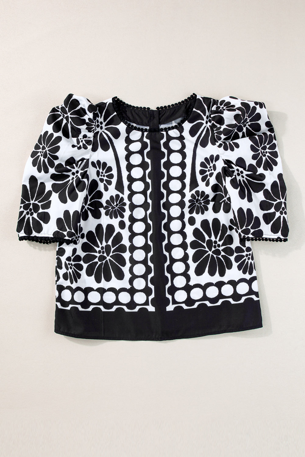 Black Floral Print Button-up Puff Sleeve Blouse