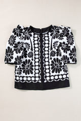 Black Floral Print Button-up Puff Sleeve Blouse