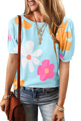 Sky Blue Colorful Flower Print Bubble Sleeve Tee