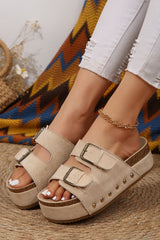 Beige Suede Buckle Decor Corky Platform Slides Shoes