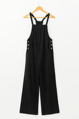 Black Plain Pocketed Loose Fit Corduroy Overalls