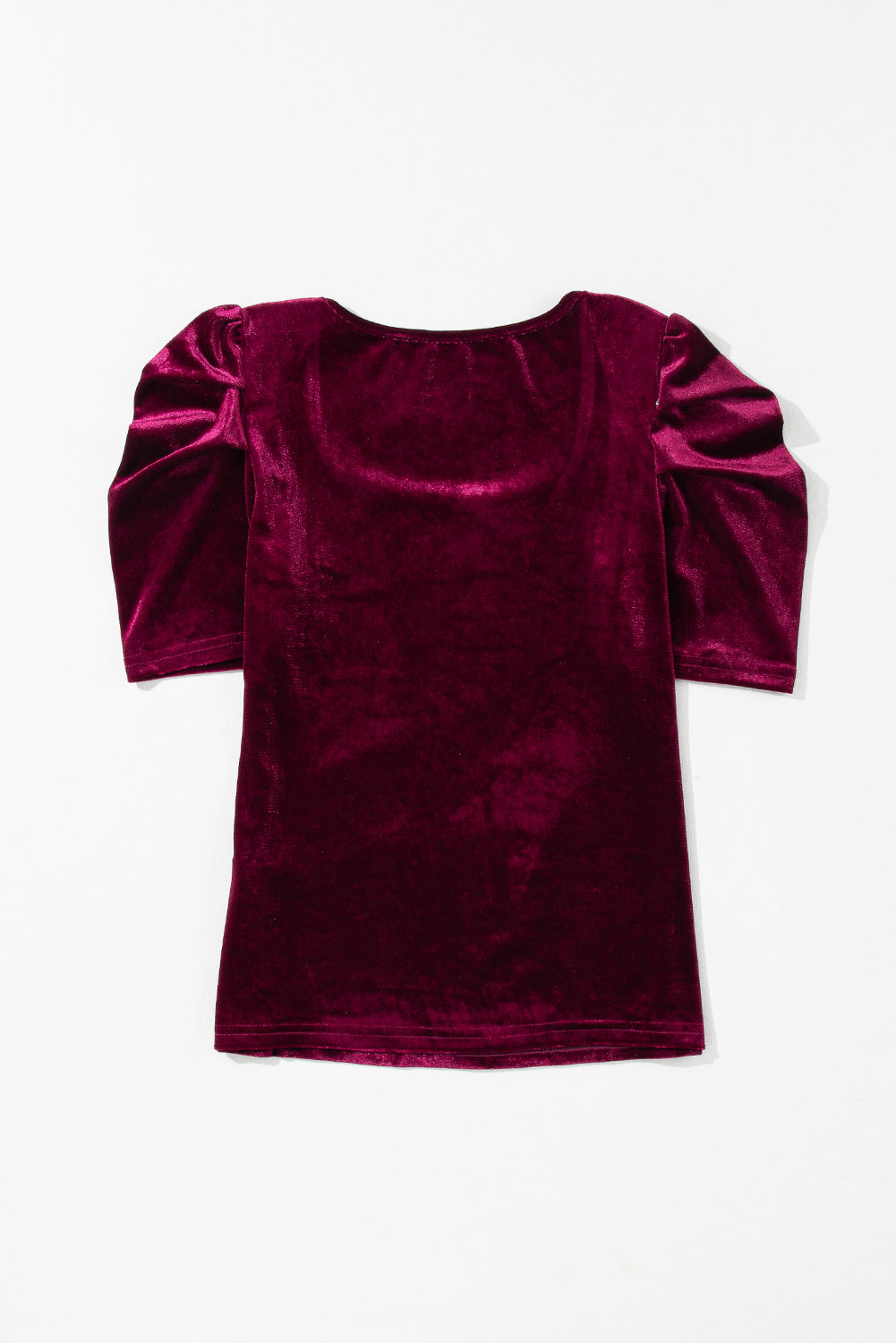 Burgundy Solid Color Elegant Short Puff Sleeve Velvet Top