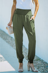 Green Casual Pocketed Elastic Waist Joggers