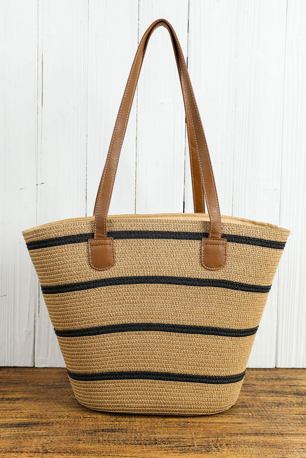 Black Vacation Straw Woven Striped One Shoulder Bag