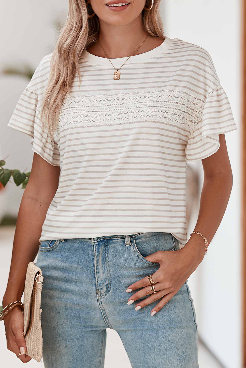 Apricot Striped Lace Splicing Ruffle Sleeve T-shirt