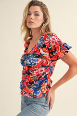 Orange Floral Print Ruched Puff Sleeve V Neck Blouse