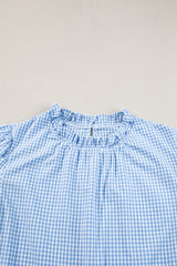 Light Blue Flower Embroidered Puff Sleeve Gingham Blouse