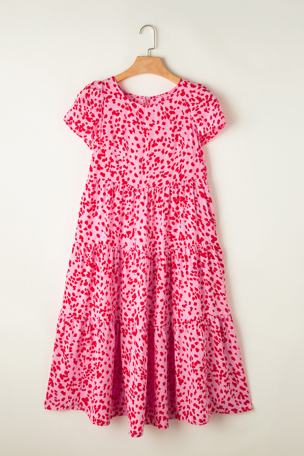 Pink Spotted Print Short Sleeve Flare Tiered Dress