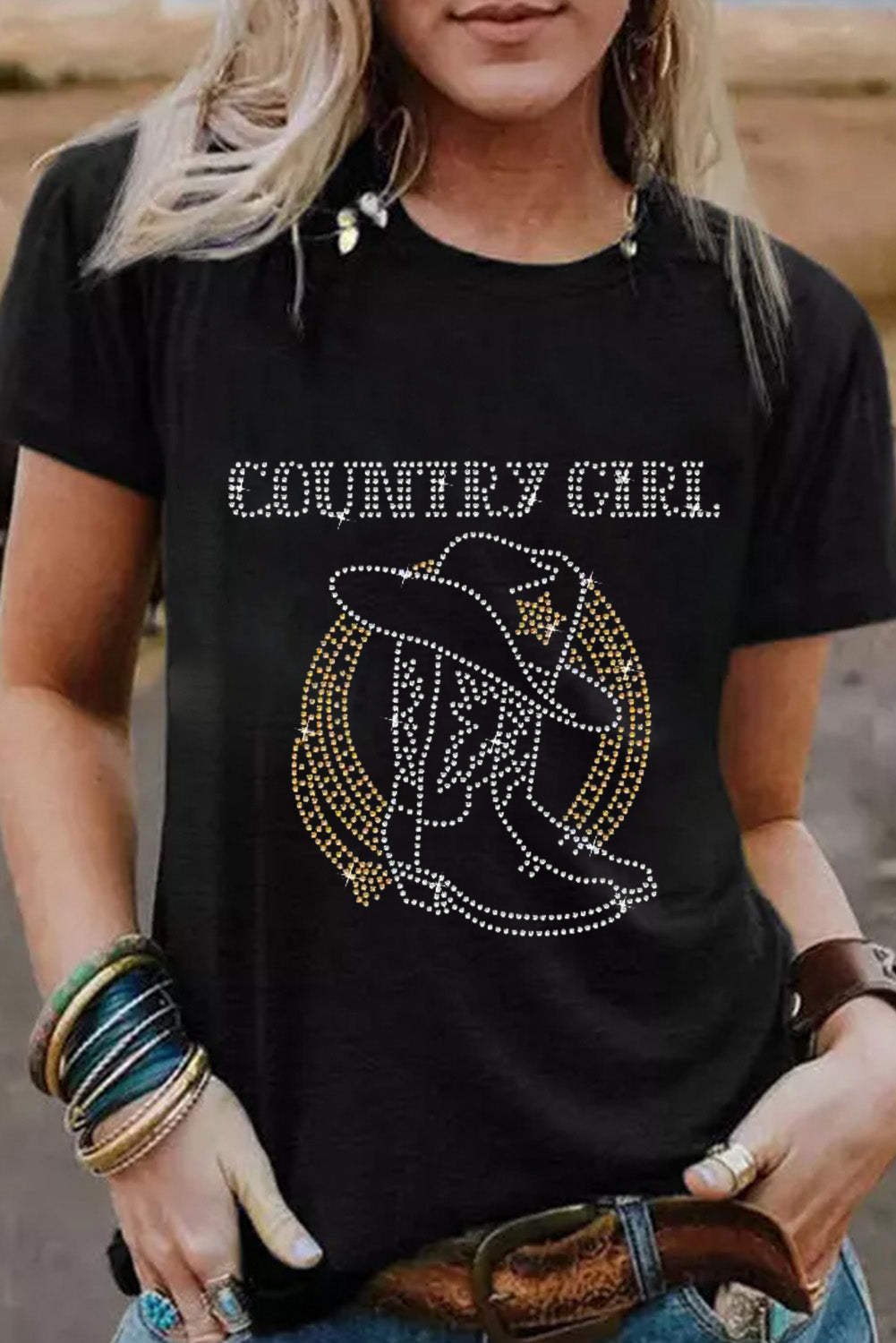 Black Rhinestone COUNTRY GIRL Boots Graphic T Shirt