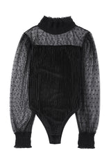 Black Sexy Sheer Dotty Puff Sleeve Ribbed Velvet Bodysuit