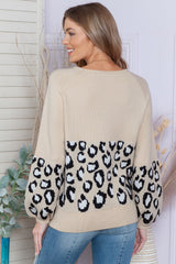 Khaki and Animal Print Color Block Raglan Sleeve Knit Pullover Sweater