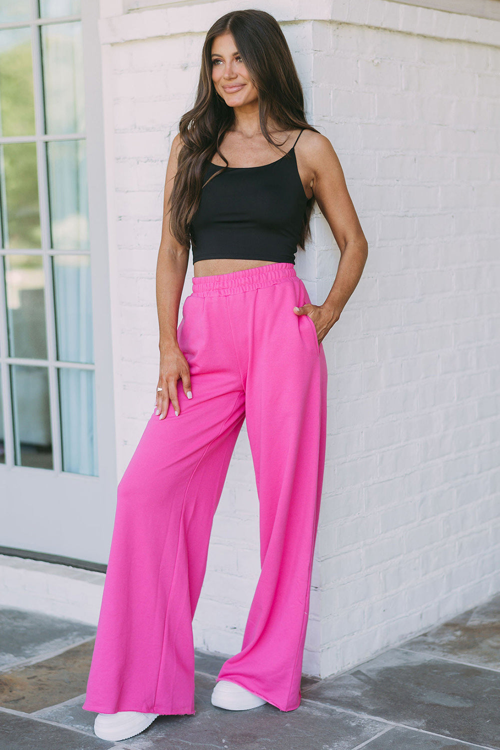 Rose Elastic High Waisted Wide Leg Sweatpants with Pockets