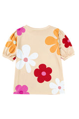 Apricot Colorful Flower Print Bubble Sleeve Tee