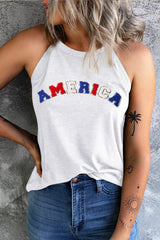 White Chenille AMERICA Graphic Halter Tank Top