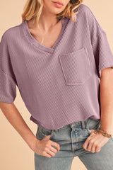 Valerian Ribbed V Neck Pocket Drop Sleeve T-Shirt