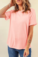 Pink Solid Color Basic Crew Neck Plain Tee