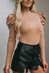 Brown Puff Sleeve Casual Suede Bodysuit