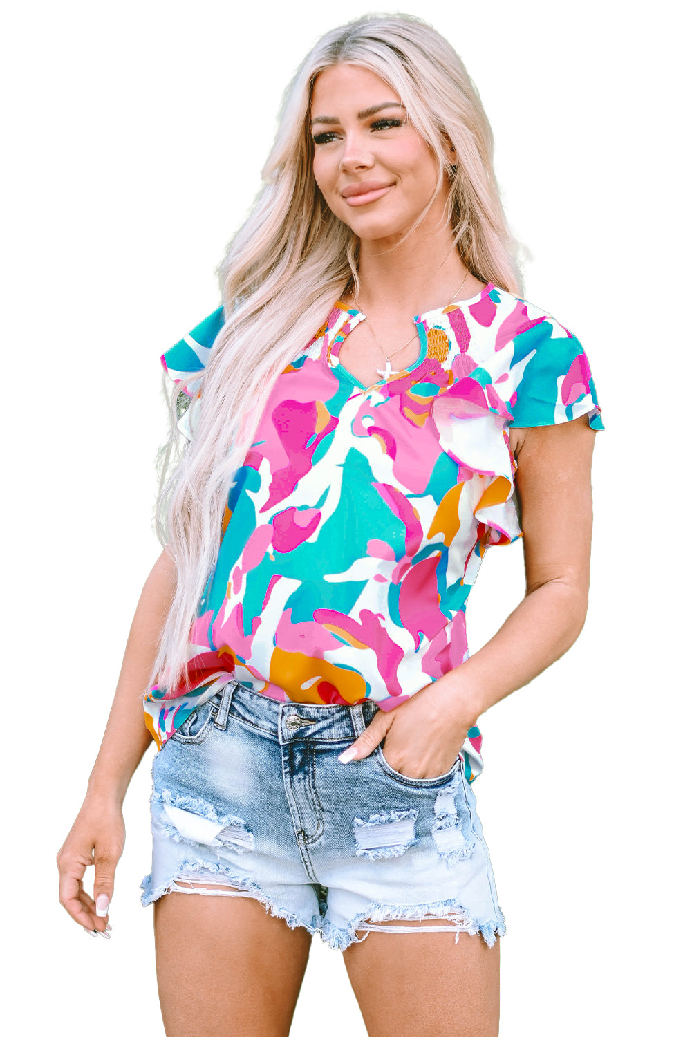 Multicolour Abstract Print Smocked Notched Neck Ruffle Blouse