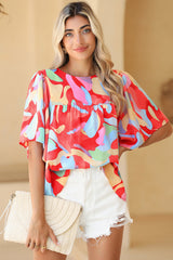 Multicolor Abstract Print Flounce Sleeve Blouse