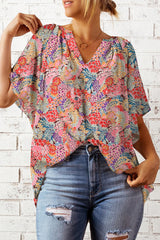 Multicolor Gorgeous Notch V Neck Short Sleeve Floral Blouse