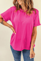 Rose Red Solid Color Crew Neck Roll Up Sleeve Tee