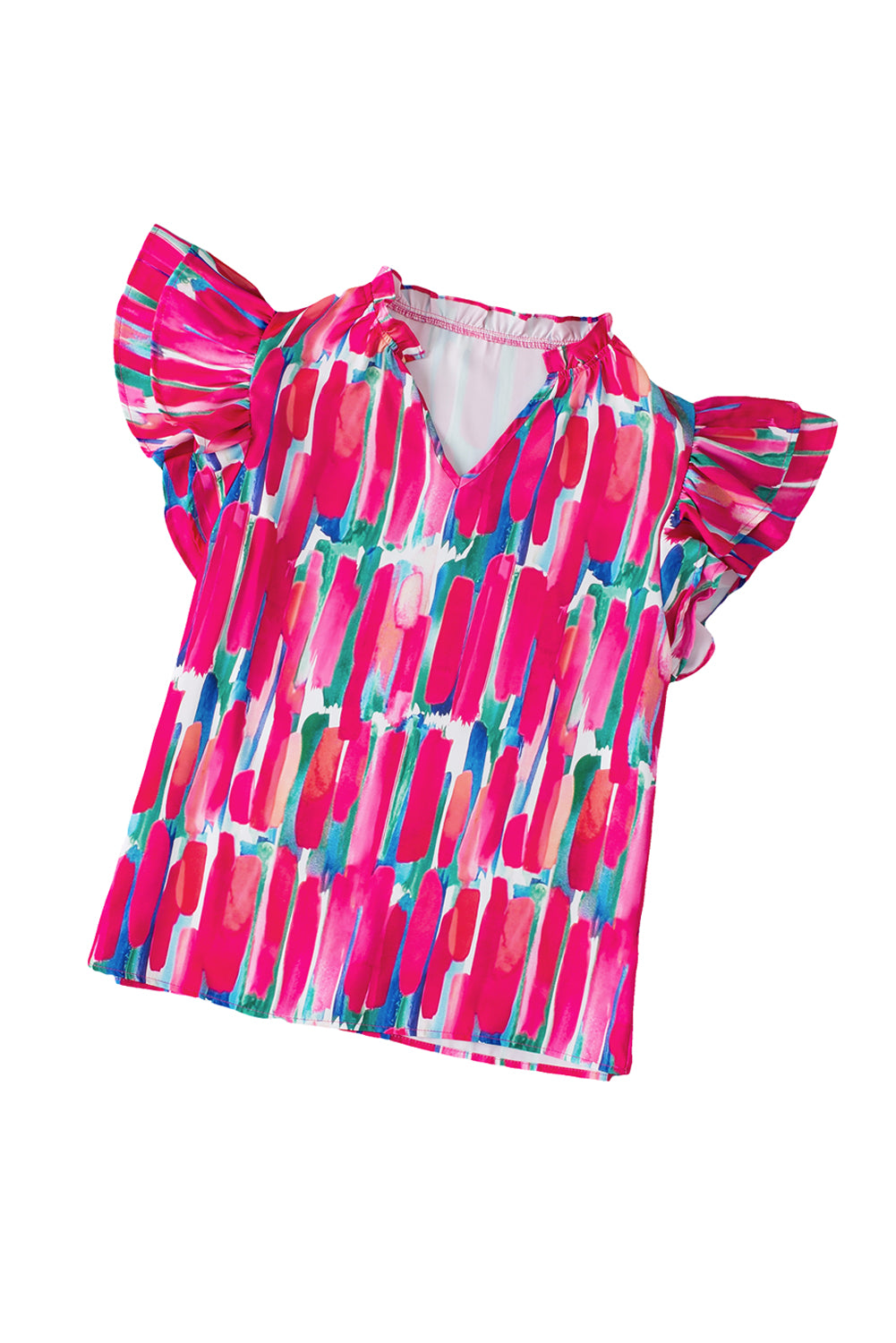 Rose Abstract Print Ruffled Short Sleeve Frill V Neck Blouse