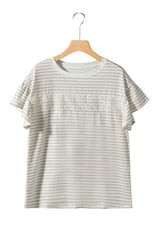 Apricot Striped Lace Splicing Ruffle Sleeve T-shirt