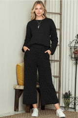 Black Solid Color Quilted Long Sleeve Top and Wide Leg Pants Set