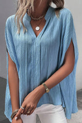 Dusk Blue V Neck Crinkle Dolman Blouse