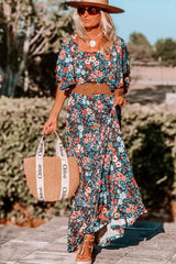 Sky Blue Boho Floral Print Knotted Backless Maxi Dress