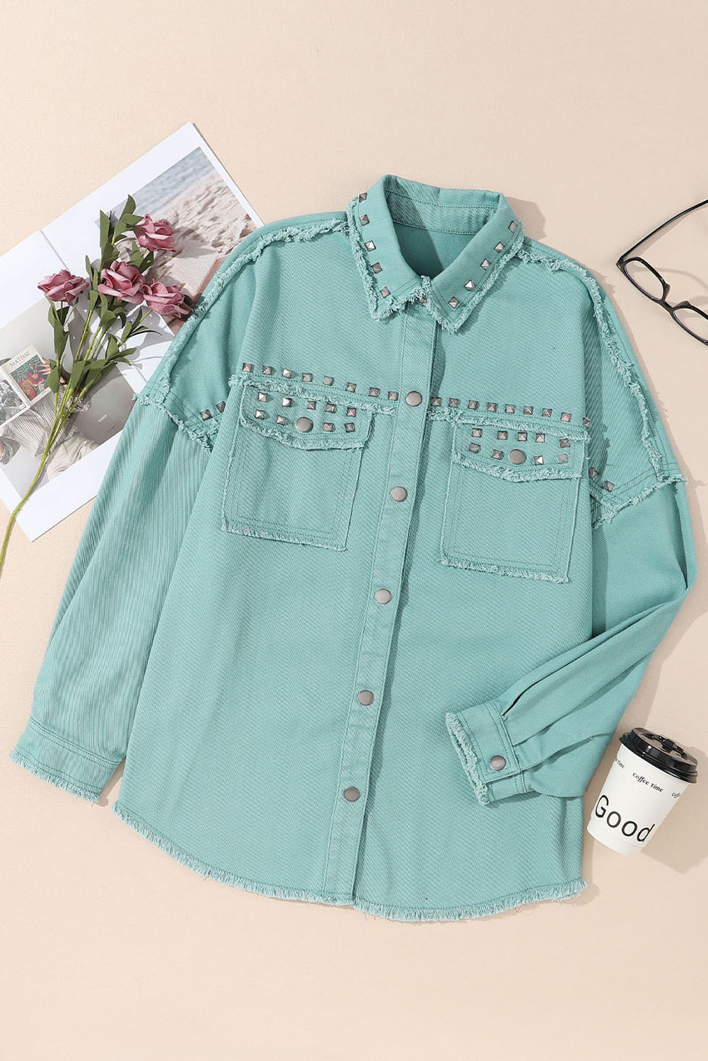 Green Frayed Trim Vintage Rivet Denim Jacket