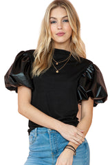 Black Mock Neck Faux Leather Puff Short Sleeve Top