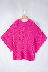 Rose Red Pointelle Knit Scallop Edge Short Sleeve Knit Top