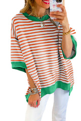 Orange Striped Contrast Trim Drop Sleeve Loose Top