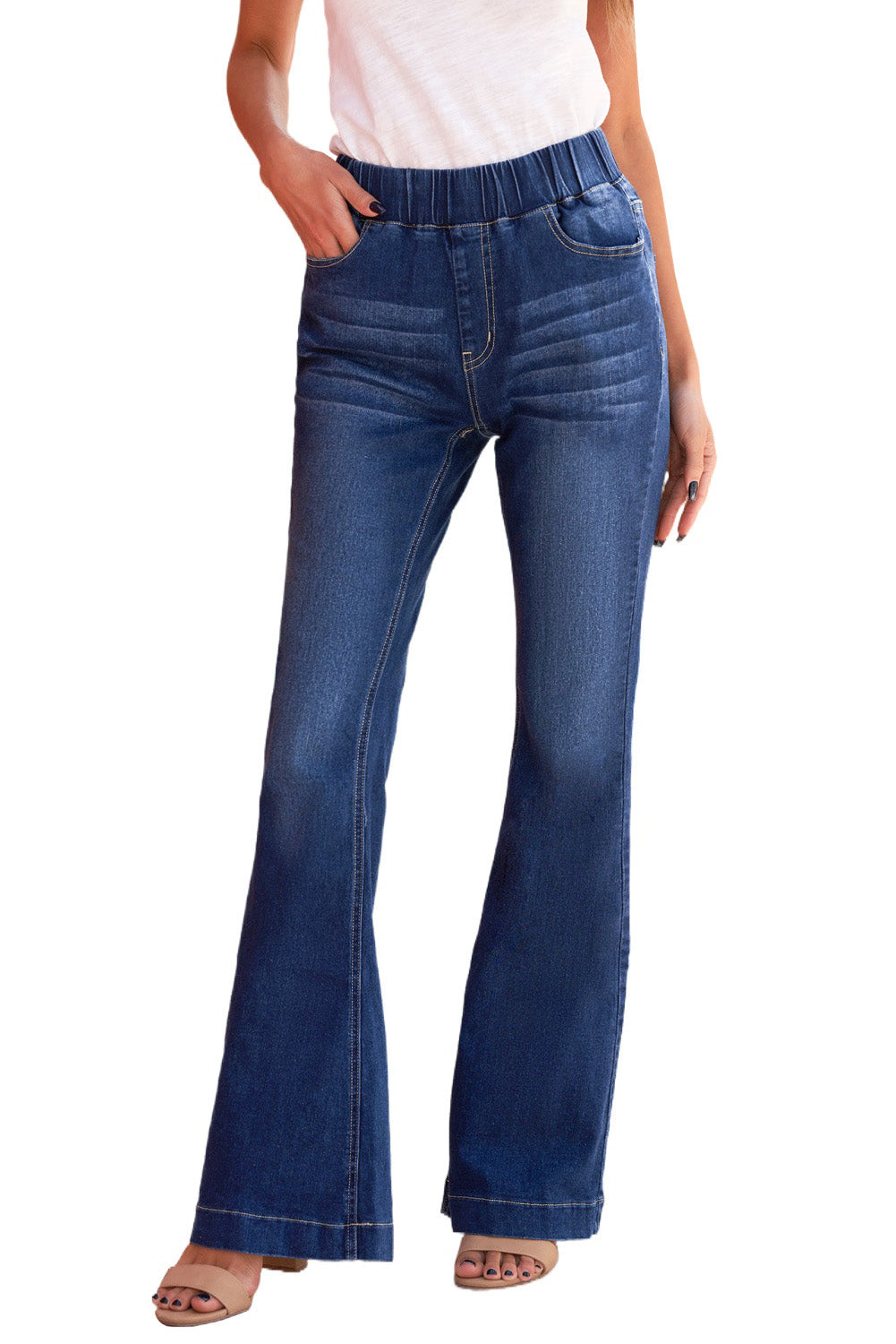 Blue Elastic Waist High Rise Flare Jeans