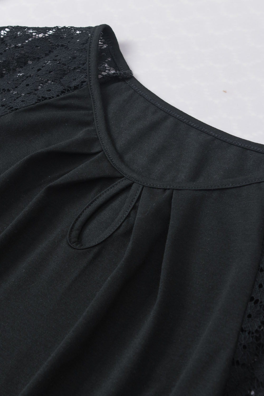 Black Lace Sleeve Keyhole Smocked Detail Blouse