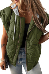 Jungle Green Quilted Drawstring Hooded Zip Up Puffer Vest