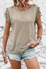 Smoke Gray Solid Color Button Decor Batwing Sleeve Tee