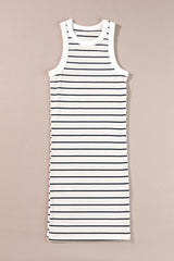 White Stripe Ribbed Knit Tank Mini Dress