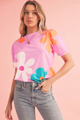 Pink Colorful Flower Print Bubble Sleeve Tee