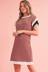 Light French Beige Rib Textured Colorblock Pocket T Shirt Dress