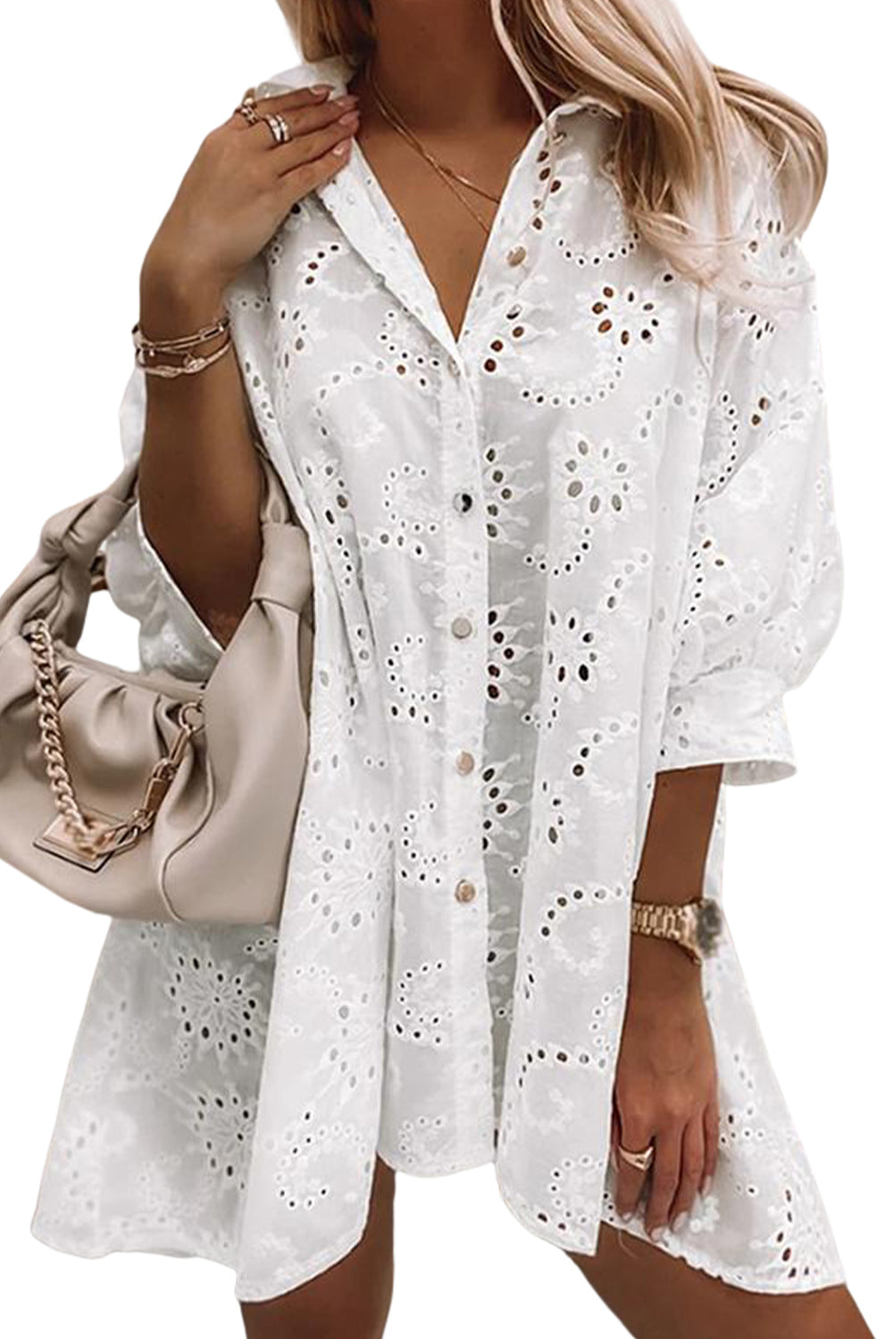 White Casual Eyelet Lace Shirt Babydoll Dress