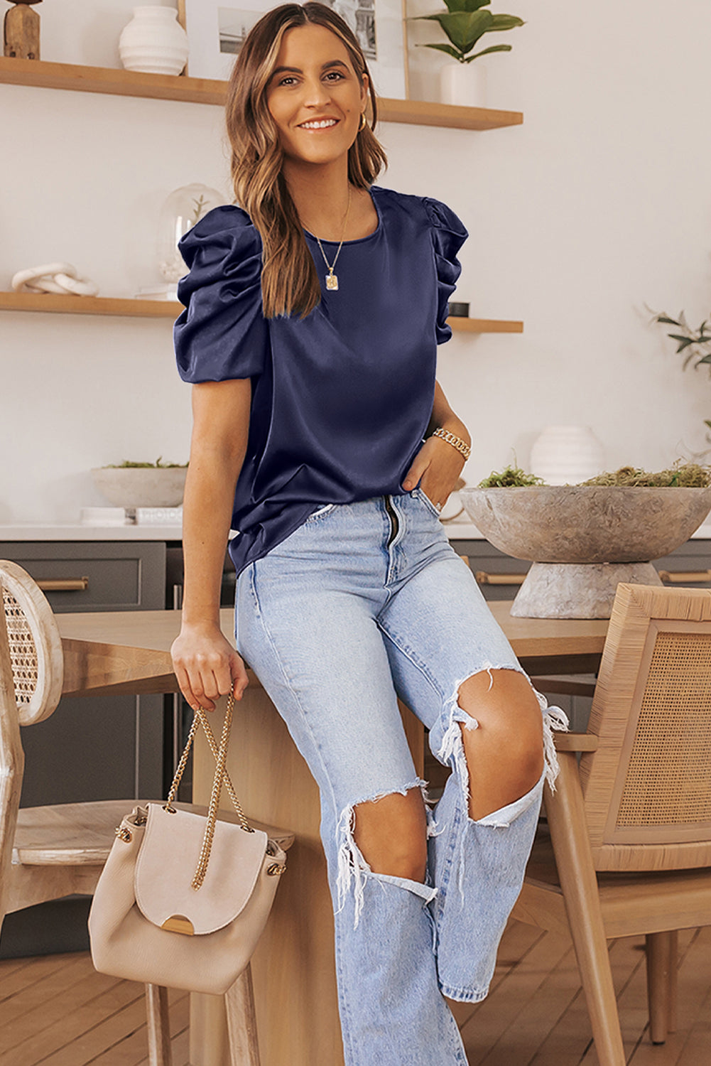 Dark Blue Elegant Ruched Puff Sleeve Silk Blouse