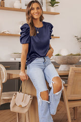 Dark Blue Elegant Ruched Puff Sleeve Silk Blouse