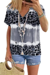 Wholesale Gray Tie Dye Leopard Print V Neck T Shirt